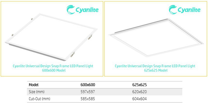 Cyanlite universal design SNAP frame LED panel light for both T-bar and Gypsum board ceiling